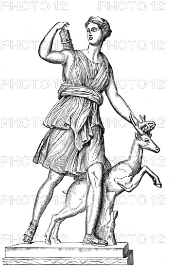 In Roman mythology, Diana is the goddess of hunting, the moon and childbirth, protector of woman and girls, after a statue in Versailles, France, illustration from 1880, historical, digital reproduction of an original from the 19th century, Europe