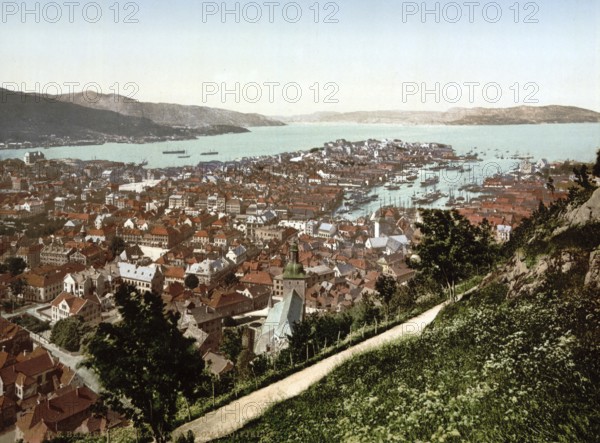 General view of Fjeldveien, Bergen, Norway, View from 1885, Historic, digitally restored reproduction from a 19th century original, Record date not stated, Europe