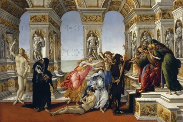 Die Verleumdung des Apelles, Calumny of Apelles (1494), Painting by Sandro Botticelli (1 March 1445, 1510), one of the most important Italian painters and draughtsmen of the early Renaissance, Historical, digitally restored reproduction from an original, Record date not stated