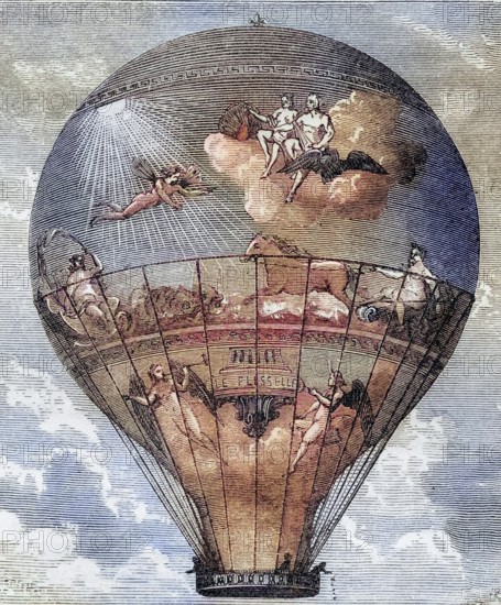 Le Flesselle Ballon der Gebrüder Montgolfier 1784, Le Flesselle Balloon made by the Montgolfier Brothers 1784 From the book Wondeful Balloon Ascents or The Conquest of the Skies published c 1870, Historic, digitally restored reproduction from a 19th century original, Record date not stated