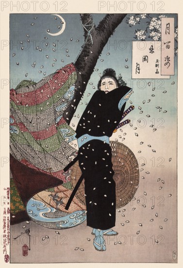 Tsukioka Yoshitoshi (1839 - 9 June 1892) one of the last great masters of the classical Japanese woodblock print, here the work Shinobugaoka Moon, Gyokuensai