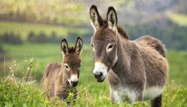 Two donkeys, foal and dam, stand in a green pasture with a rural landscape in the background