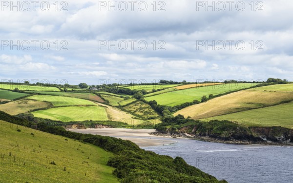 Fields and Farms over Mothecombe Beach, Mothecombe, River Emme and Red Cove, Plymouth, South Devon, England, United Kingdom, Europe