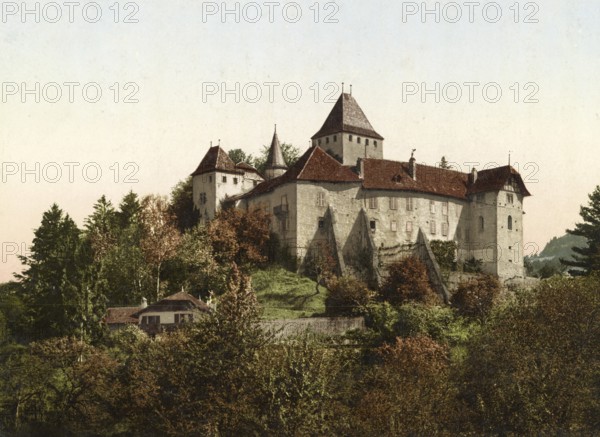 The Castello di Blonay, Château de Blonay, a medieval hilltop castle in the centre of the village of Avise in the Aosta Valley, Italy, around 1890, Historical, digitally restored reproduction from a 19th century original, Europe