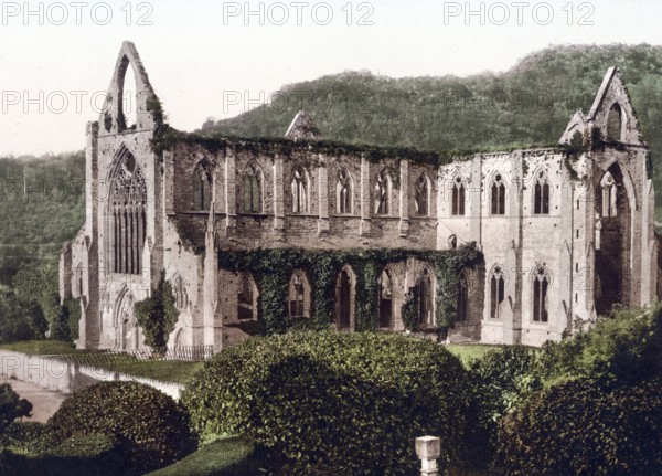 Tintern Abbey, Abaty Tyndyrn, a ruined abbey in the Welsh Wye Valley near the village of Tintern, Wales, c. 1890, Historic, digitally restored reproduction from a 19th century original