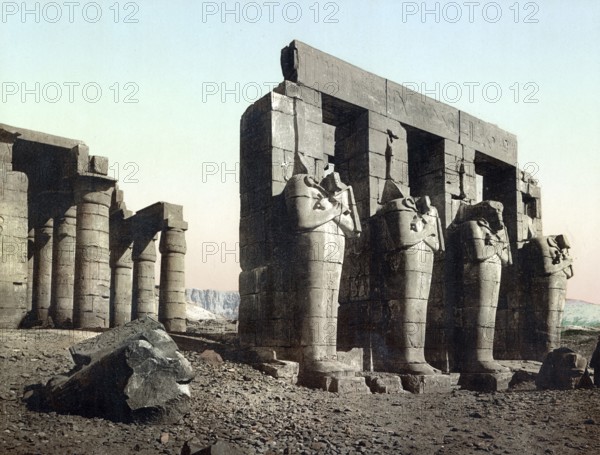 Thebes, Ramesseum. Statues of Orisis and the Pillars of the Temple, Egypt, Historical, digitally restored reproduction from a 19th century original, Record date not stated, Africa