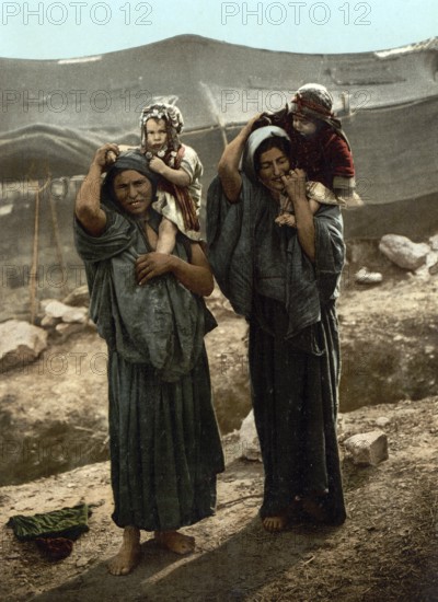 Bedouins, Women with Children, Lebanon, Historical, digitally restored reproduction from a 19th century original, Record date not stated, Asia