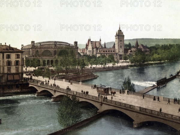 Bahnhofbrücke und Landesmuseum, Zurich, Switzerland, digitally restored reproduction from a 19th century original, record date not stated, Bahnhofbrücke and Landes Museum, Switzerland, digitally restored reproduction from a 19th century original, record date not stated, Europe