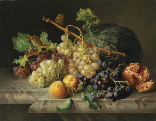 Fruit still life with pomegranate, grapes and melon, painting by Josef Lauer (1818, 1881), Austrian still life painter who was active in the Biedermeier period, among others