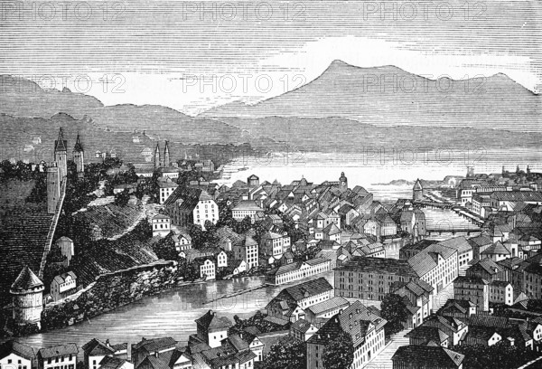 City view of Lucerne with parts of the old city fortifications Musegg wall and Musegg towers, Lake Lucerne with the Reuss river, alpine landscape, tourism, travel, Switzerland, historical illustration 1885, Europe