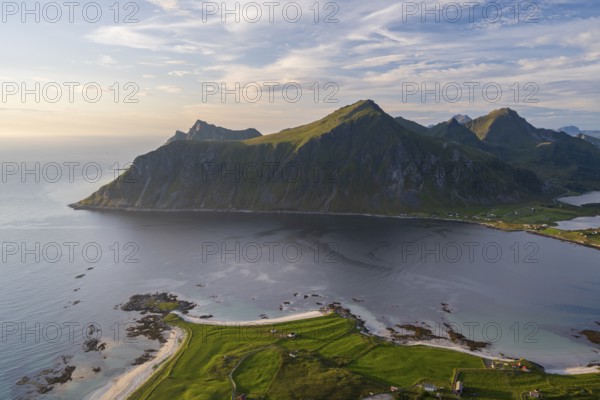 View from Flakstadtind mountain to Skagsanden beach and mountains, Lofoten, Norway, Europe