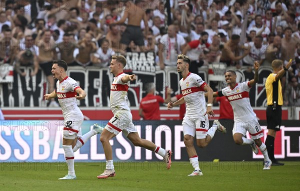 Goal celebration abian Rieder VfB Stuttgart (32) Enzo Millot VfB Stuttgart (08) Maximilian Mittelstaedt VfB Stuttgart (07) Atakan Karazor VfB Stuttgart (16) MHPArena, MHP Arena Stuttgart, Baden-Württemberg, Germany, Europe