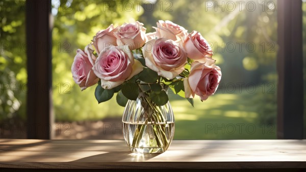 Vase of pink roses aligned on an aged oak wood table, AI generated