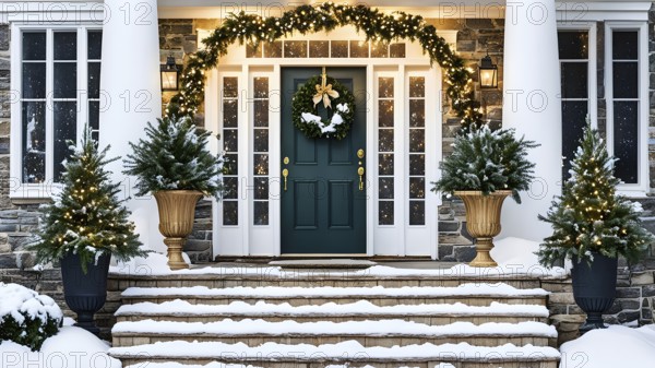 Festive front porch with holiday garlands wrapped around the columns, a wreath hanging on the door, and snow-covered steps leading up to the warmly lit entrance, AI generated