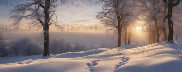 Footprints in fresh snow on a hill with a row of trees in winter in golden sunrise light, AI generated