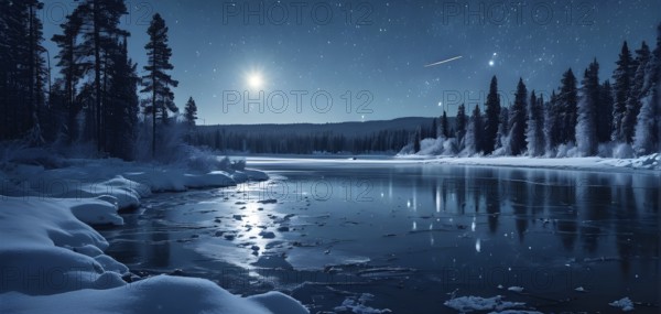 Tranquil winter night scene with a crescent moon and stars shining brightly over a frozen lake, with a line of snow-covered pine trees reflected in the lake, AI generated