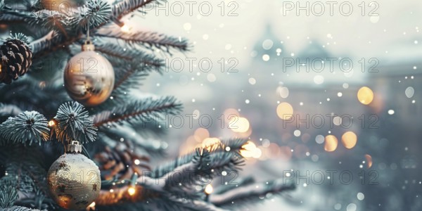 Christmas banner with golden bauble ornaments and blurry city and snow in background, Generative Ai, AI generated