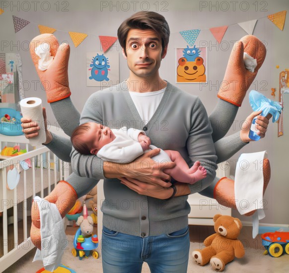 A young father has a baby in his arms and despairs at the tasks, symbolic image fatherhood, excessive demands, baby care, AI generated, AI generated