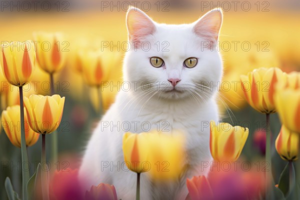 White cat sitting between yellow and orange tulip spring flowers. KI generiert, generiert AI generated