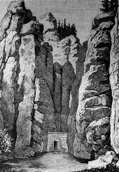 Rocky landscape Adršpašsko-Teplické skály or Adersbach-Weckelsdorfer Felsen, sandstone rocks from the Cretaceous period, travelling in the nature reserve in the Braunauer Bergland, Czech Republic, historical illustration 1885, Europe