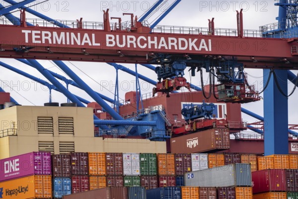 HMM Nuri container freighter, at HHLA Container Terminal Burchardkai, in Waltershofer Hafen, being loaded, capacity of up to 16000 TEU, Hamburg, Germany, Europe