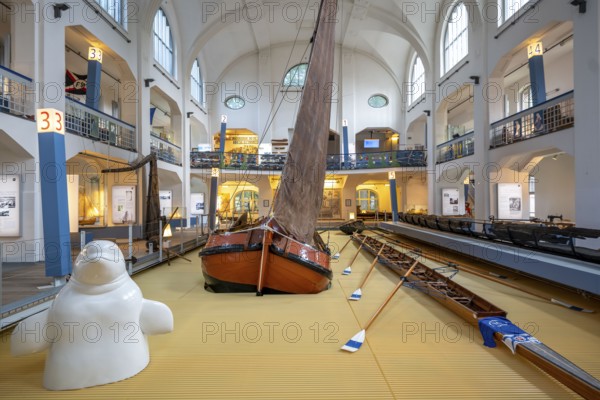 Museum of German Inland Navigation, in the former Ruhrort indoor swimming pool, in Duisburg, cargo sailing vessel Tjalk Göde Verwachting, North Rhine-Westphalia, Germany, Europe