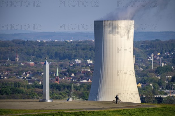 The Hoheward spoil tip, main part of the Hoheward Landscape Park, sundial, obelisk, cooling tower of the STEAG Herne thermal power station, view of Recklinghausen, Herten, North Rhine-Westphalia, Germany, Europe