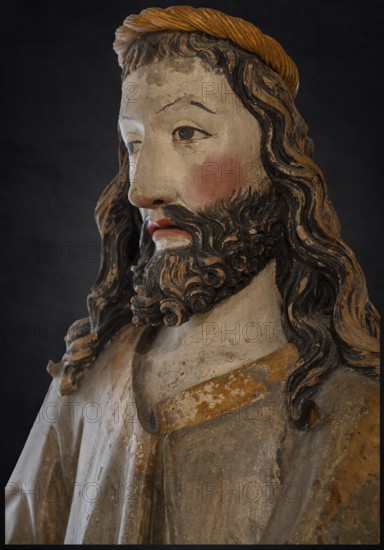 Palmesel, detail of Christ's head, wooden figure from 1470, on a dark background, Franciscan Museum, Villingen, Baden-Württemberg, Germany, Europe