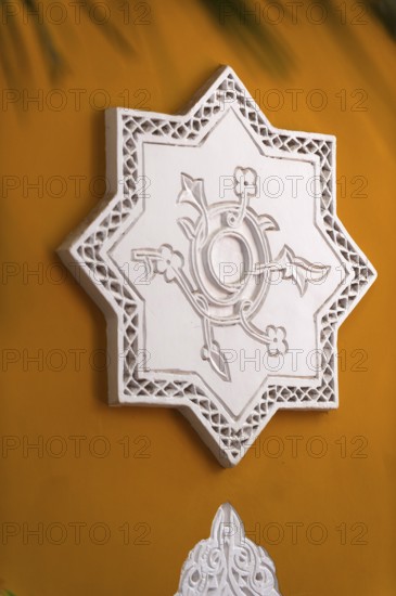 Moorish decor, ornament, Arabic, oriental, sign, symbol, star, shape, Majorelle Garden, wall, clay plaster, Moorish, Islam, art, architecture, detail, Majorelle Garden, Marrakech, Morocco, Africa