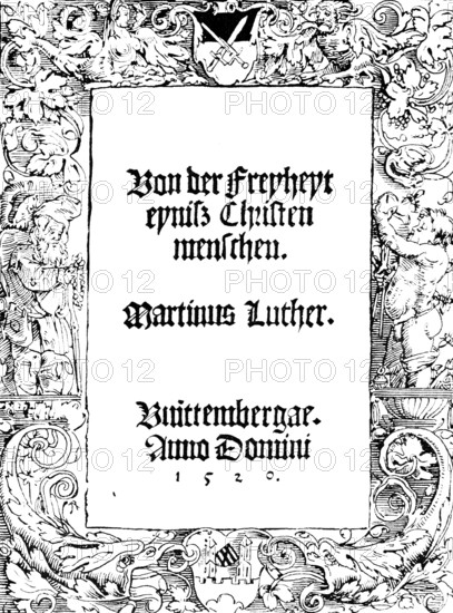 Facsimile, title of the original print of the work Von der Freiheit eines Christen Menschen, Wittenberg 1520, swords of Saxony, coat of arms of Württemberg, ornamentation, historical illustration 1883