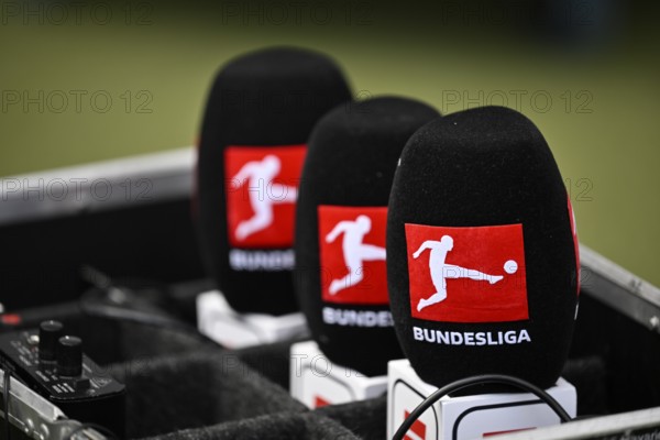 Microphones, microphones, charging station, being charged, Logo Bundesliga, PreZero Arena, Sinsheim, Baden-Württemberg, Germany, Europe