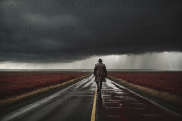 A man is walking down a road in the rain. The sky is dark and cloudy, and the man is wearing a red jacket. Scene is somber and melancholic, as the man walks alone in the rain, AI generated