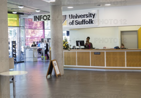 University of Suffolk INFOZONE reception area, Ipswich, Suffolk, England, UK