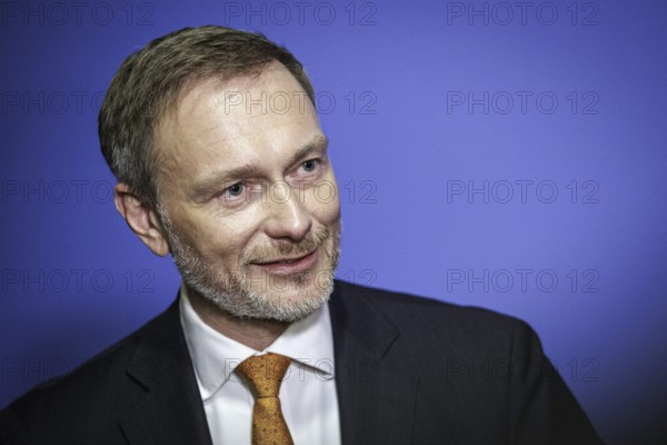 Christian Lindner, Federal Minister of Finance, photographed during a press statement after a citizens' dialogue of the Federal Ministry of Finance NOW In Dialogue in Lübeck, 06.02.2024. Photographed on behalf of the Federal Ministry of Finance