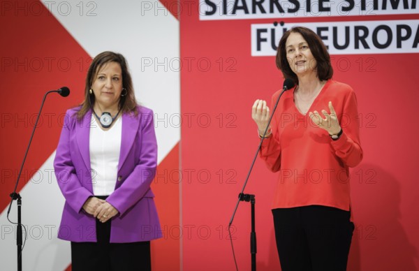 (R-L) Katarina Barley, SPD politician and Member of the European Parliament and Iratxe Garcv?a Pv©rez, leader of the Spanish Progressive Alliance of Socialists and Democrats parliamentary group, pictured during a press conference at the Willy Brandt House in Berlin, 8 April 2024