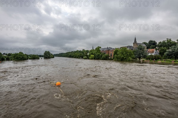 Ruhr floods near Essen-Kettwig, Ruhr reservoir, flooded Ruhr floodplains, floods on the Ruhr, after long heavy rainfall the river left its bed and flooded the countryside and villages, the highest water level ever measured, North Rhine-Westphalia, Germany, Europe