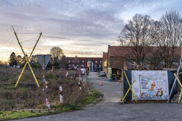 Camp of climate activists in the rest of the village of Lützerath, the last place to be excavated at the Garzweiler 2 open-cast lignite mine, North Rhine-Westphalia, Germany, Europe