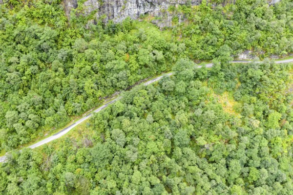 Aerial view of road above lake Lovatnet (or: Loenvatnet), valley Lodalen south of village Loen, Norway, Europe