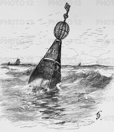 Key buoy in the Weser, inscription, buoy, anchoring, licence plate, shipping traffic, orientation, navigation channel, Germany, historical illustration 1880, Europe