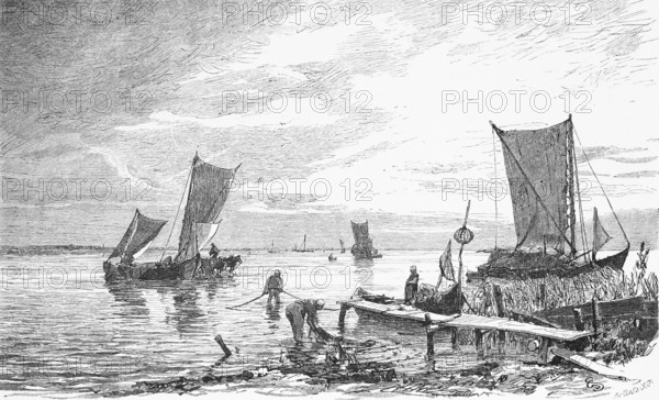 On the shore of the Curonian Spit, Curonian Lagoon, Kaliningrad Oblast, Russia, sailing boat, wooden jetty, barges, reeds, fishermen, historical illustration 1880, Europe