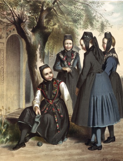 Traditional costumes in Germany around 1820, Grand Duchy of Hesse, Hochweisel and Pohlgöns, Four young woman in dark traditional costumes playing and chatting in front of a tree, digitally retouched reproduction of a model from around 1850, by Albert Kretschmer (27 February 1825, 11 July 1891), German painter and costumier