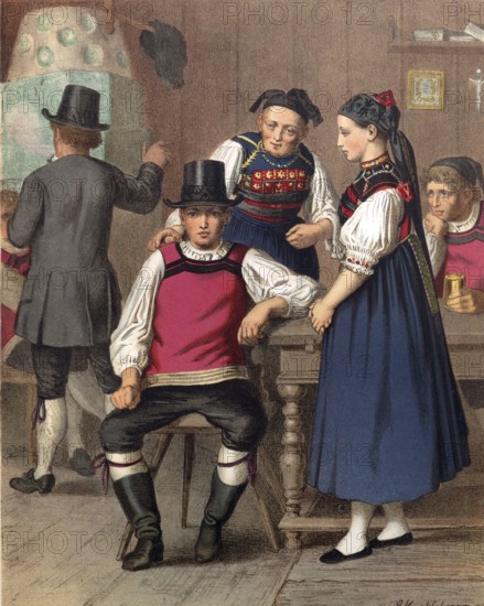 Traditional costumes in Germany around 1820, Baden, Rickesbach, young people in traditional traditional costume in a warm interior with a stove, digitally retouched reproduction of a model from around 1850, by Albert Kretschmer (27 February 1825, 11 July 1891), German painter and costumier