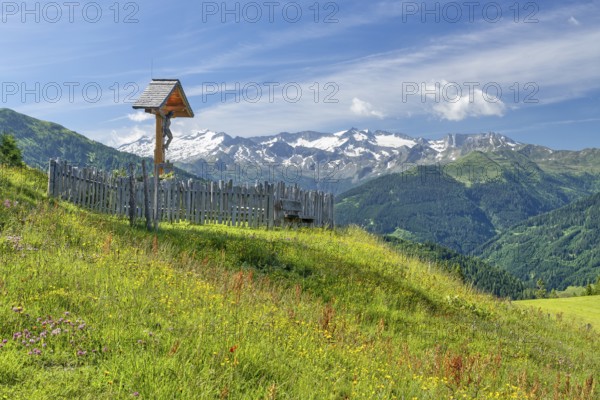 Crossroads in Grossarl, Kreuzkogel with snow, blue sky, Hohe Tauern, Bichl Alm, mountain, Pongau, Salzburg, Austria, Europe