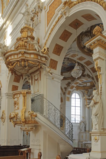 Magnificent pulpit with pulpit bonnet built in 1785 by the master builder Johann Michael fisherman, interior, rococo, pulpit cover, sounding board, pulpit canopy, craftsmanship, decorations, magnificent, gilded, monastery church, St. Peter and Paul, Oberelchingen, Elchingen, Upper Swabia, Swabia, Bavaria, Germany, Europe