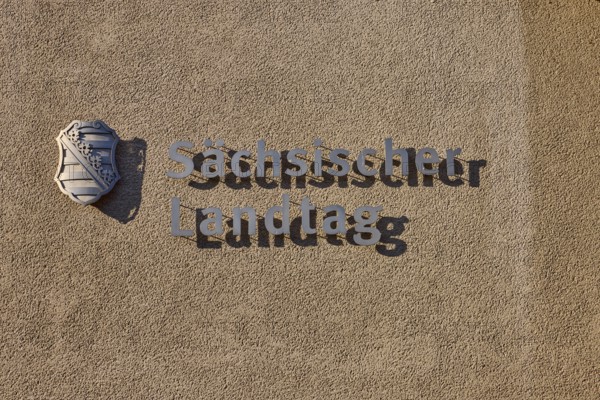 Saxon State Parliament, shield, Saxon coat of arms, Bernhard-von-Lindenau-Platz, Dresden, state capital, independent city, Saxony, Germany, Europe