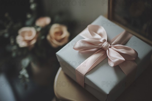 White Valentine's day gift box with ribbon and pink rose flowers in blurry background. Generative AI, AI generated