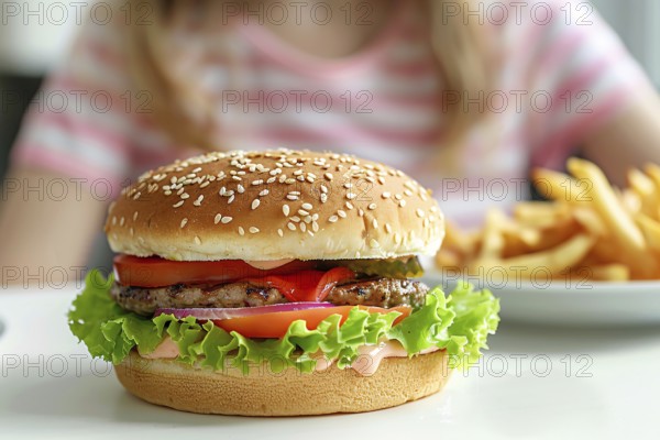 Hamburger on table with girl child in background. KI generiert, generiert, AI generated