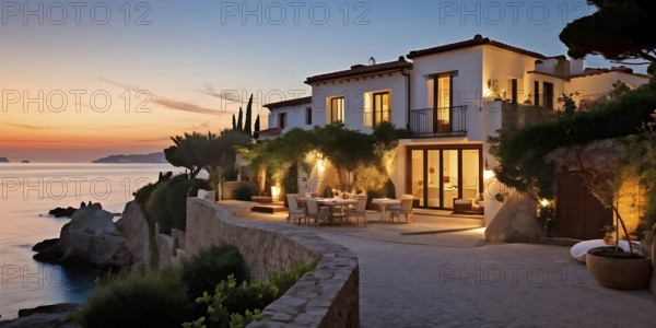 Mediterranean house in an idyllic coastal village bathed in golden hour light, AI generated