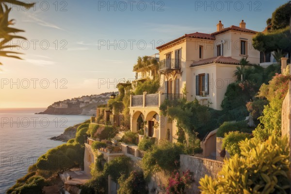 Mediterranean house in an idyllic coastal village bathed in golden hour light, AI generated