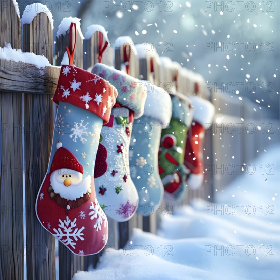 Row of Christmas stockings hanging from a snow-covered wooden fence, with delicate frost patterns forming on the colorful fabric, AI generated